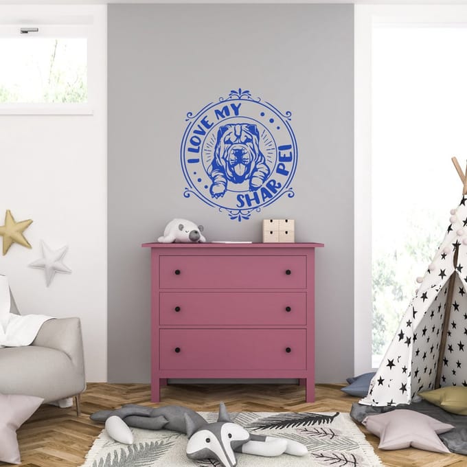Muursticker - I Love My Shar Pei - 58 x 66 - Blauw