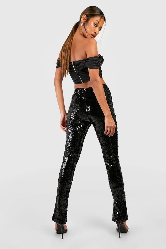 boohoo Dames Sequin Mid Rise Split Hem Broek | Black | Maat: 8