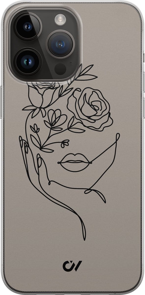 Hoesje geschikt voor Apple iPhone 14 Pro Max - Oneline Face Flower - - Grijs - Apple - Casevibes
