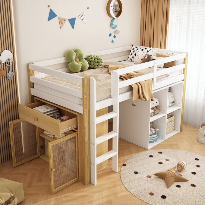 MODFU - Hoogslaper – 90x200 cm – Met 2 opbergkasten & ladder – Naturel/Wit