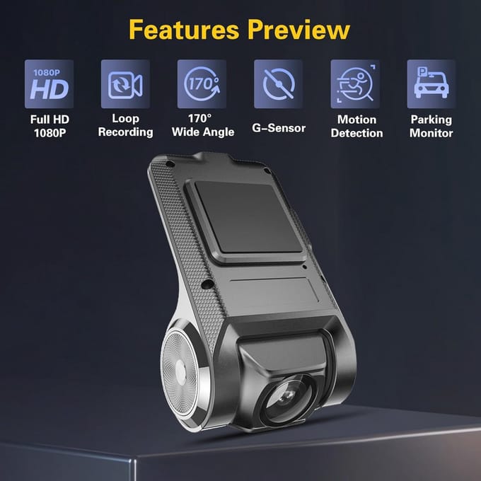 USB DVR Dashcam voor Android Auto - Mini Autokamera met Nachtsicht en 170° Weitwinkel