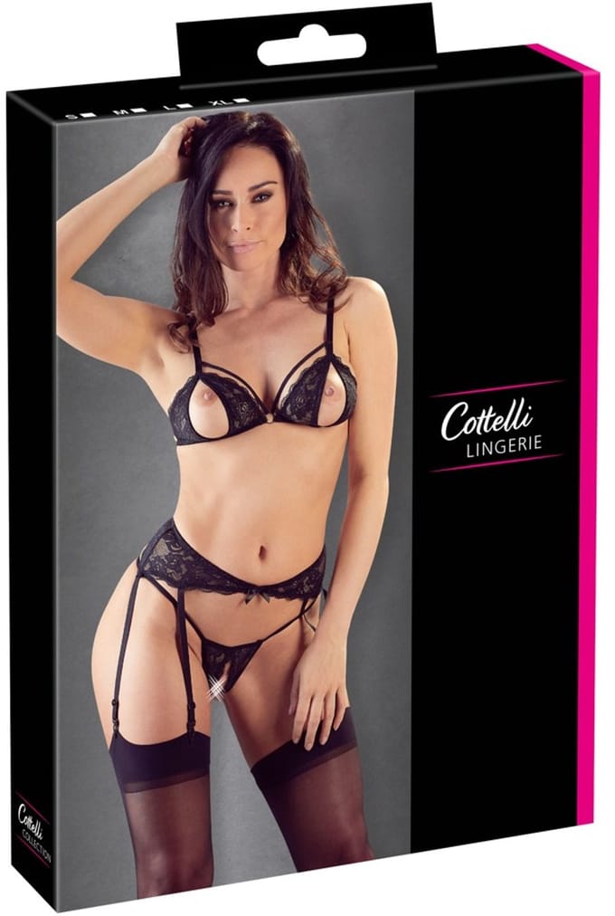Cottelli Collection – Lingerie Jarretel Set met  Uitsparingen  – Maat L – Zwart