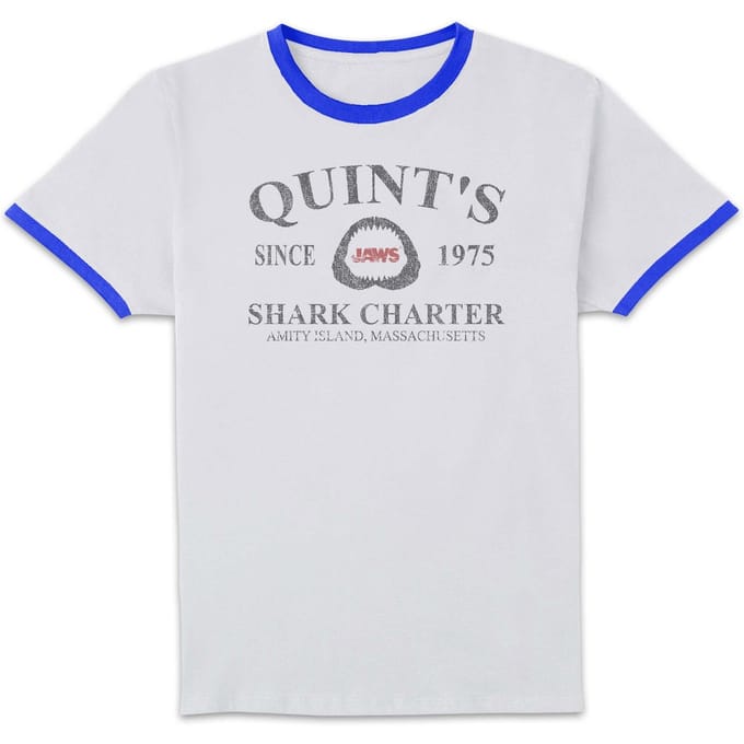 Jaws Quint's Shark Charter Unisex Ringer T-Shirt - White/Navy - M