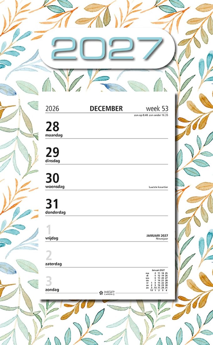 MGPcards - Week Scheurkalender 2027 - Week begint op maandag - 21 x 34 cm - Wit - Bladeren
