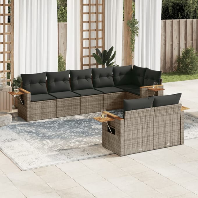 vidaXL - 8-delige - Loungeset - met - kussens - poly - rattan - grijs
