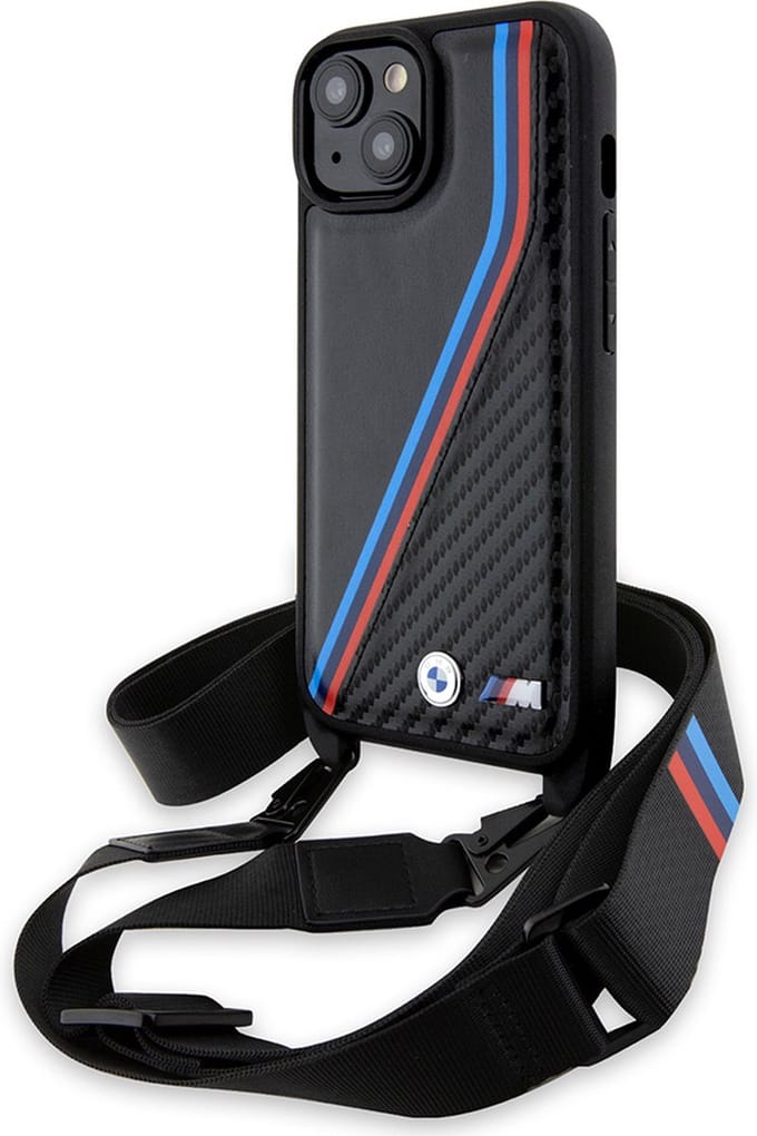 BMW M Edition Carbon Tricolor Lines & Strap case for iPhone 15 / 14 / 13 - black