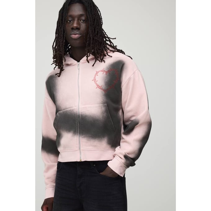 Gekrompen Fit Dirty Wash Gothic Hart Zip-through Hoodie | Pink | Size Medium