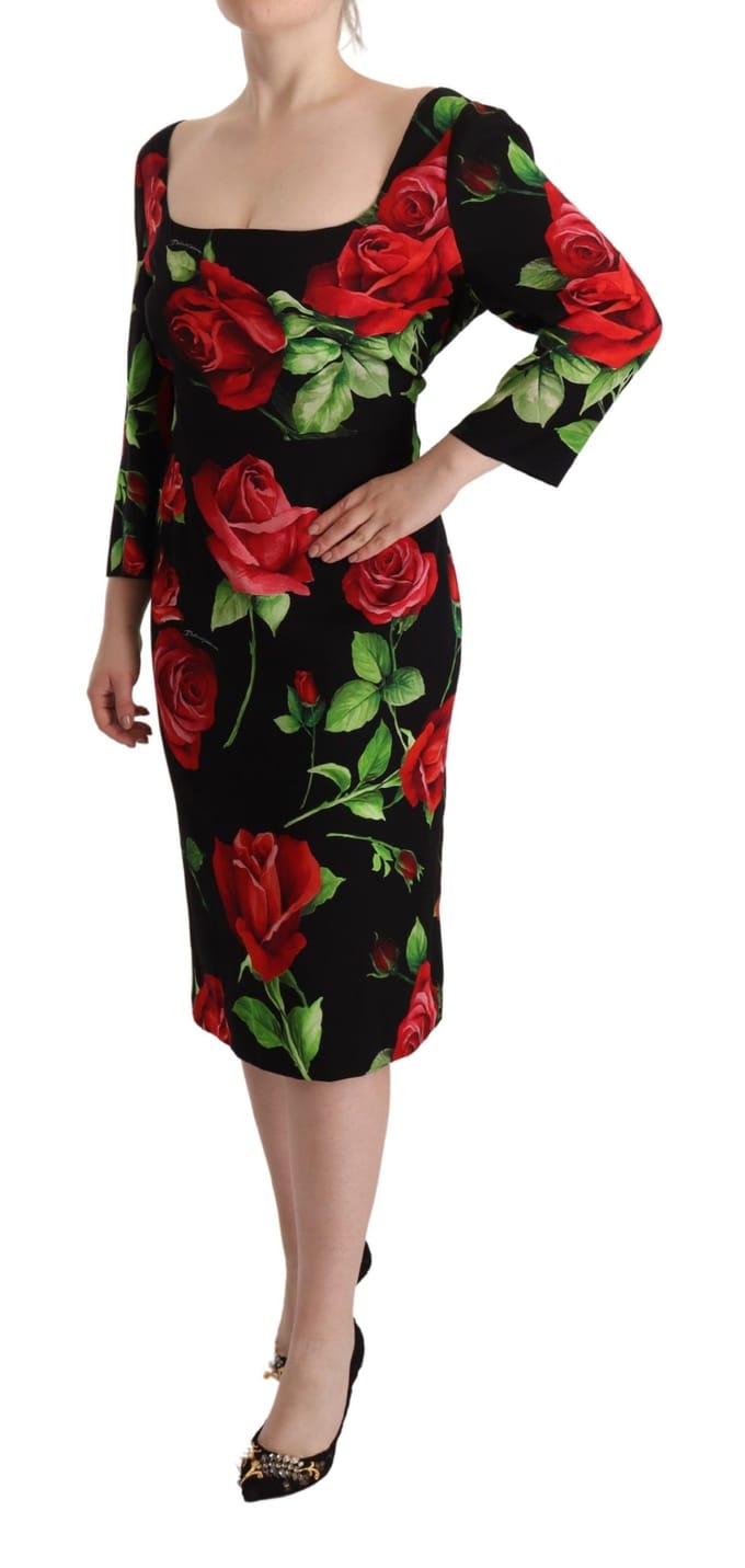 Dolce & Gabbana Dames Zwart Rood Rozen Sheath Stretch Zijde Jurk