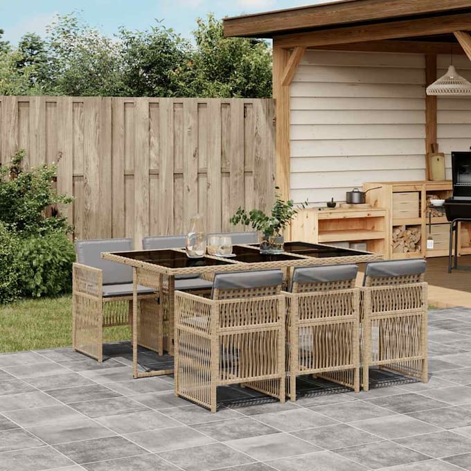 vidaXL - 7-delige - Tuinset - met - kussens - poly - rattan - gemengd - beige