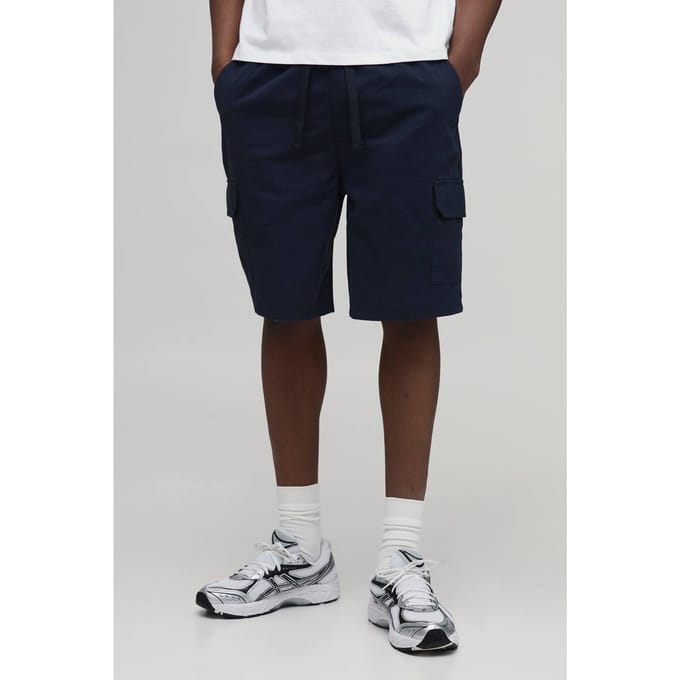 Tall Essential Relaxed Fit Elasticated Mid Length Twill Cargo Shorts | Navy | Size Small