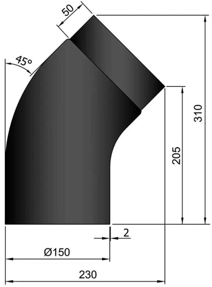 Kachelpijp Ø150 Bocht 45° zwart