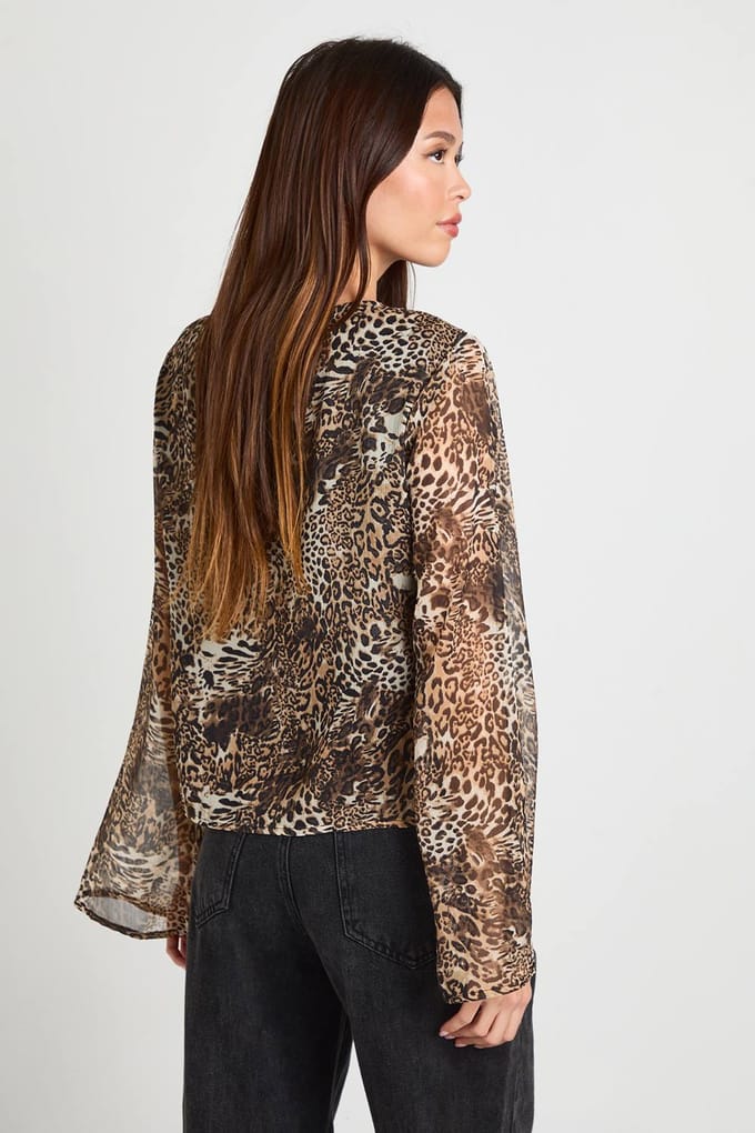boohoo Dames Leopard chiffon blouse met uitlopende mouwen | Brown | Maat: 6