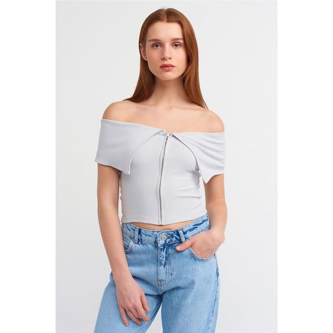 Vrouwen Off-shoulder Crop T-shirt Met Rits