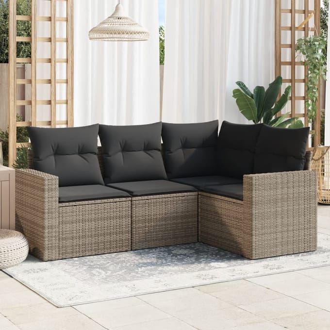 vidaXL - 4-delige - Loungeset - met - kussens - poly - rattan - grijs