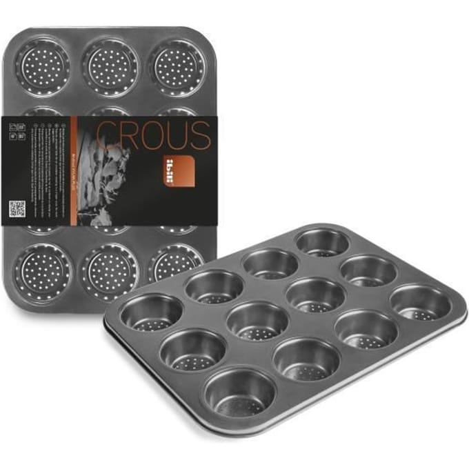 IBILI Moule à Muffins perforé 12 Tasses, Plaque en Acier laminé, Noir, Taille Unique