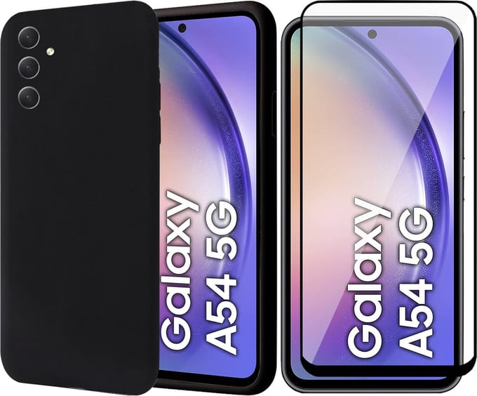 Hoesje geschikt voor Samsung Galaxy A54 - Screen Protector FullGuard - Back Cover Case SoftTouch Zwart & Screenprotector