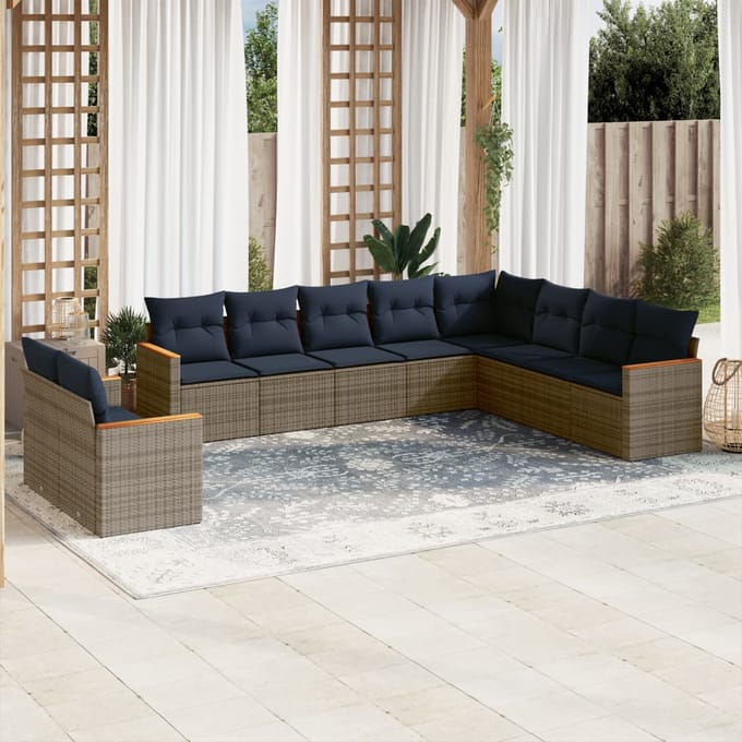 vidaXL - 10-delige - tuinbankset - met - kussens, - grijs - polyrotan