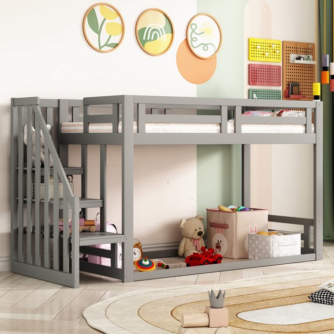 Kinderbed - 90x200 cm - Laag Stapelbed Met Veiligheidstrap En Lattenbodem - Massief Hout - Grijs