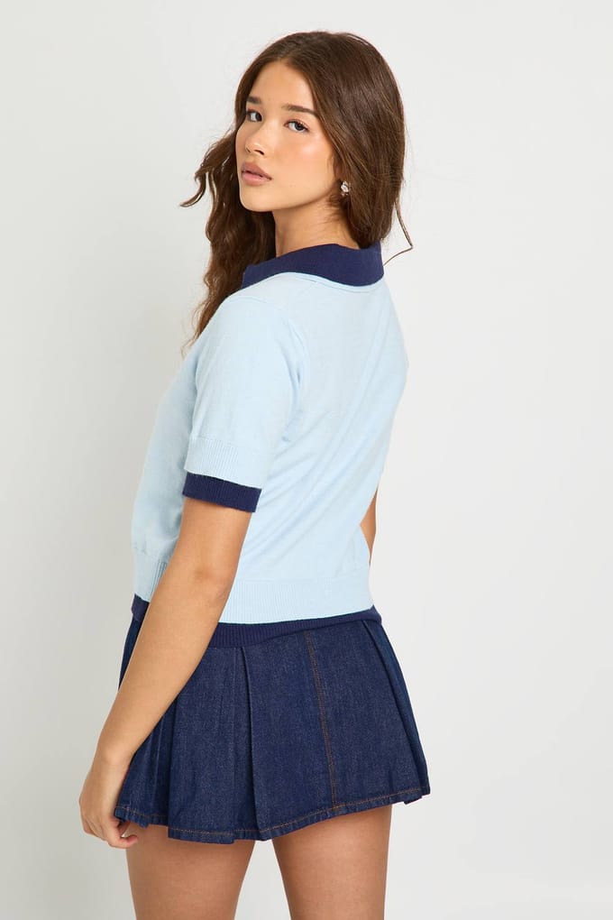 boohoo Dames Gebreide Top met Dubbele Kraag Detail | Blue | Maat: Small