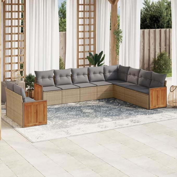 vidaXL - 10-delige - Loungeset - met - kussens - poly - rattan - beige