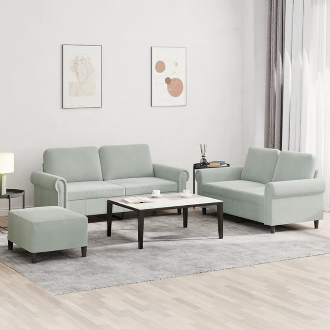 vidaXL - 3-delige - Loungeset - met - kussens - fluweel - lichtgrijs
