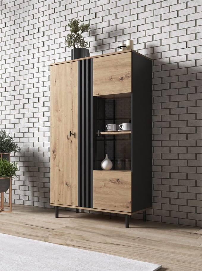 Meubella - Vitrinekast Marcos - Eiken - Antraciet - 90 cm