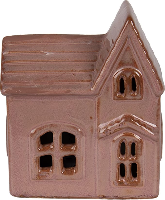 Clayre & Eef Decoratie Huis met LED 10x6x12 cm Roze Keramiek