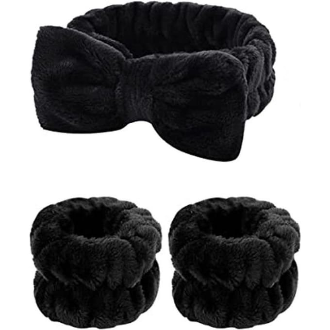 3 stuks/set Gezichtswaspak Hoofdbanden Voor Vrouwen Herbruikbaar Spa Polsband Zachte Microvezel Handdoek Haarband Meisjes Hardlopen Sport Pols Zweetband zwart