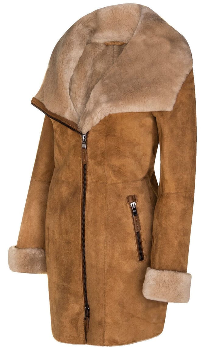 Dames merino schapenvacht jas met capuchon-antiek