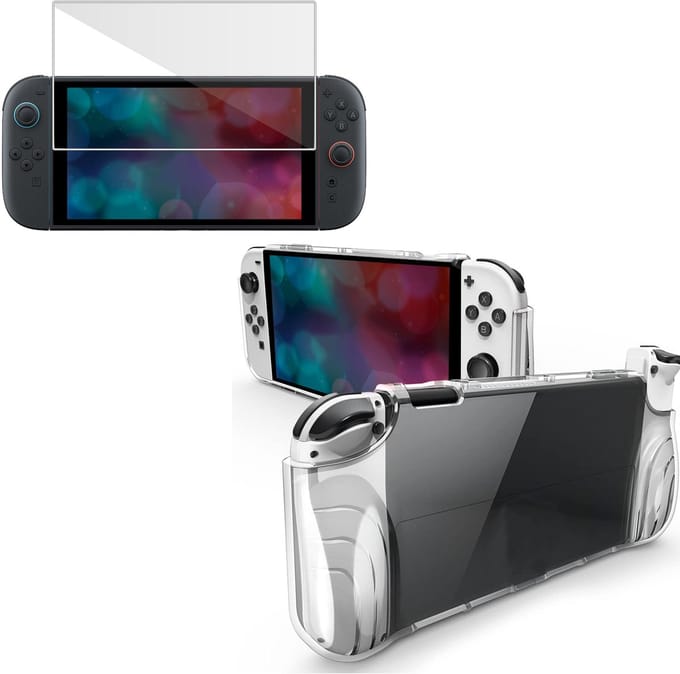 Hoesje + Screenprotector geschikt voor Nintendo Switch 2 Hoesje Screenprotector - Tempered Glass - Extreme Shock Case Transparant
