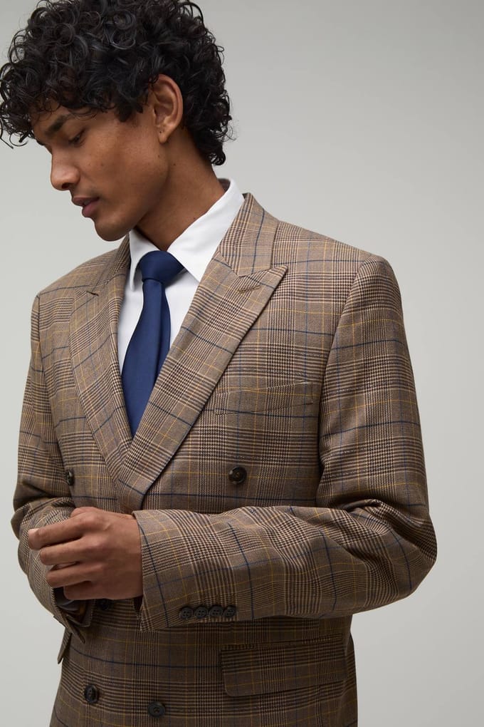 Checked Relaxed Fit Double Breasted Blazer | Chocolate | Size 46