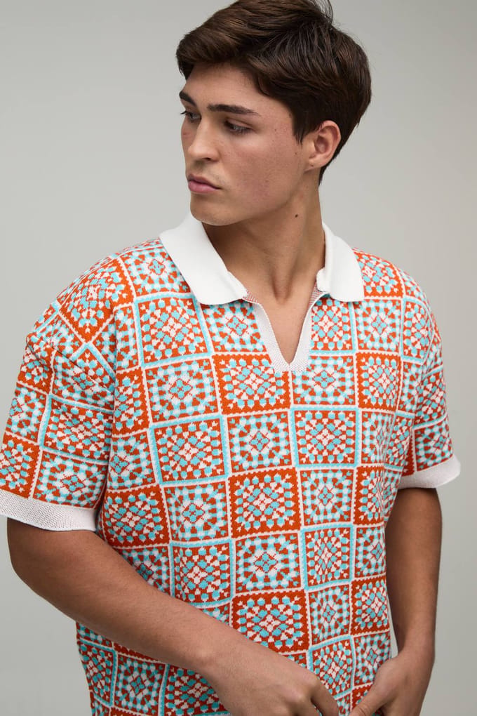 Oversized Boxy Crochet Square Knitted Polo T-Shirt | Orange | Size Small