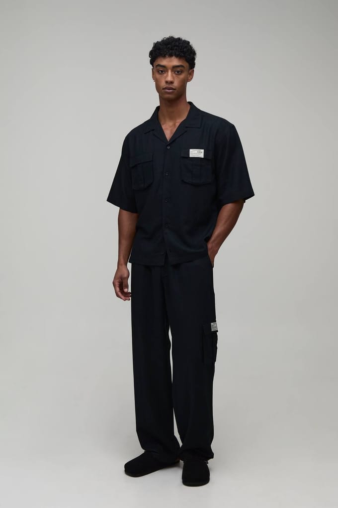 Linen Oversized Short Sleeve Cargo Shirt & Baggy Trouser Set | Black | Size Medium