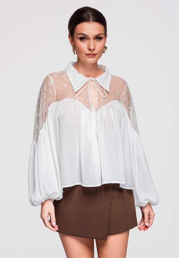 OMBRE Blouse - Loose Fit - Lange Mouw - Veters Wit M