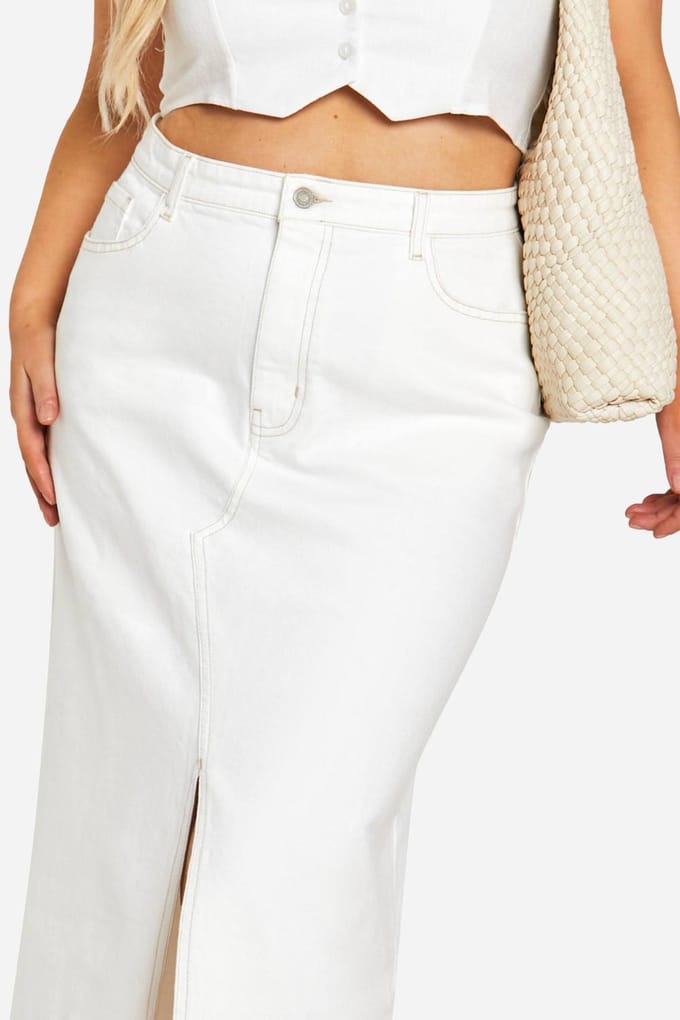boohoo Dames Plus Ecru Denim Split Front Maxi Rok | Maat: 28