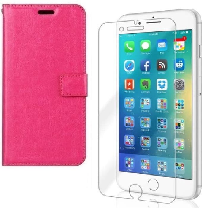 Bookcase Geschikt voor: iPhone 7 Plus / 8 Plus - roze - portemonee hoesje + 2X Tempered Glass Screenprotector