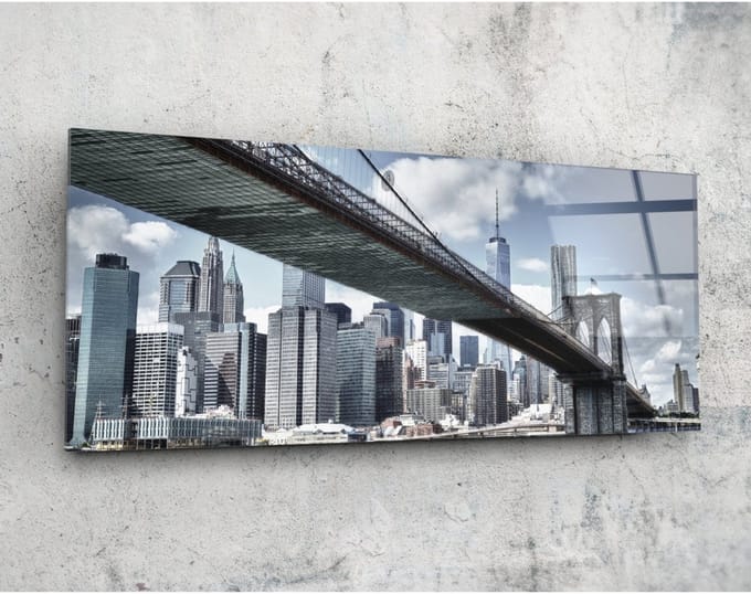 Panorama Glasschilderij - Brooklyn Bridge - Landschappen - 92 x 36 cm