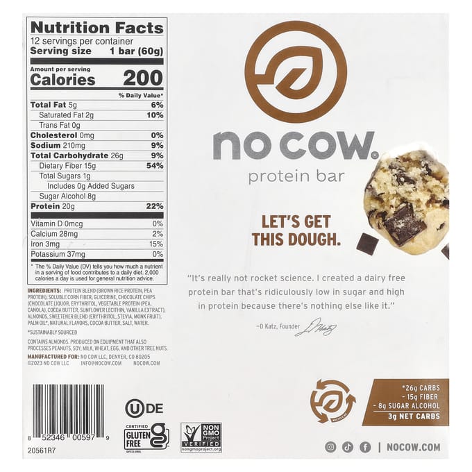 No Cow, barre protéinée, pâte à cookie aux pépites de chocolat, 12 barres, 60 g (2,12 onces) chaque