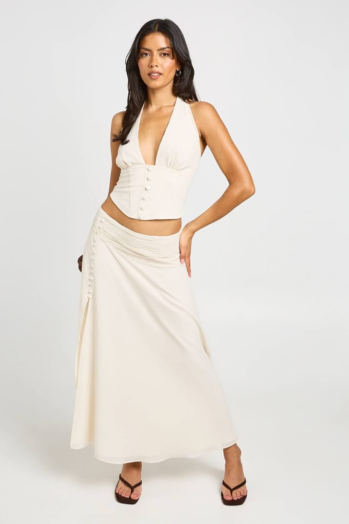 boohoo Dames Midaxi Rok Met Geplooide Tailleband | Ivoor | Maat: 44