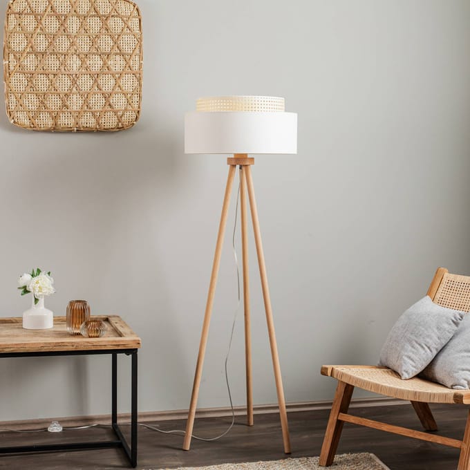 Duolla Vloerlamp Boho, wit/hout, textiel/rotan/hout, 140 cm