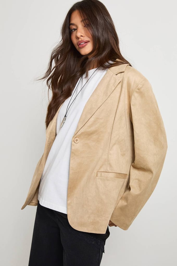 boohoo Dames Boxy oversized nepsuede blazer | Beige | Maat: 36