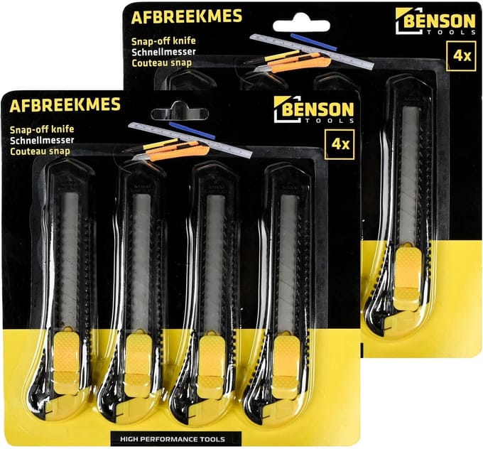 Benson Afbreekmessen - 8x stuks - zwart/geel - breed - scherp mes