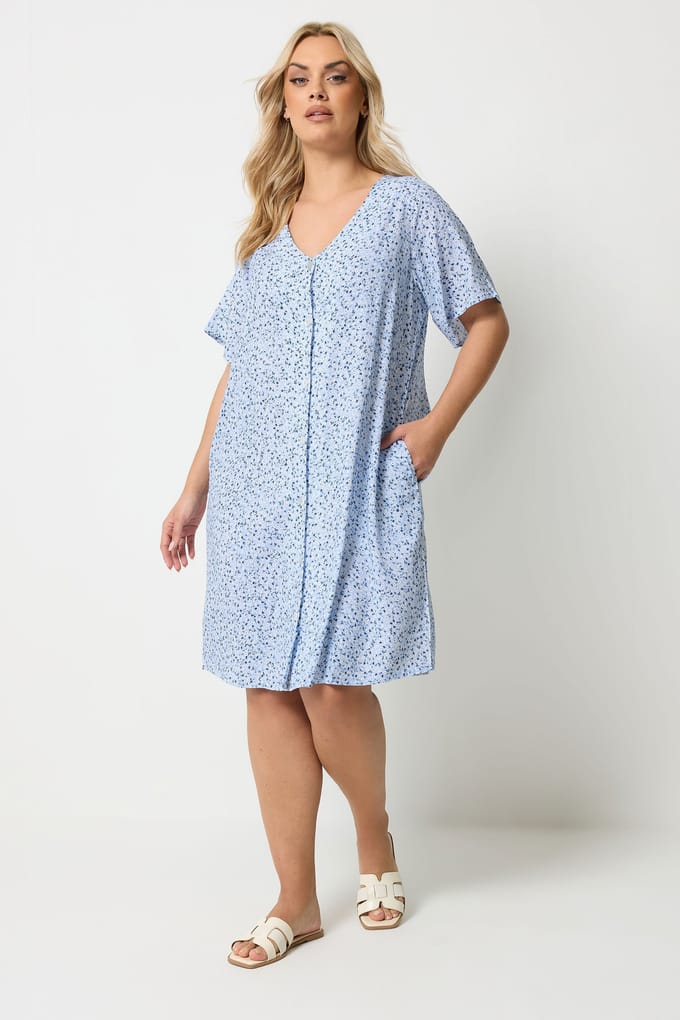 Yours Blauwe Tuniekjurk Met Bloemenprint En Knoopsluiting Size 48