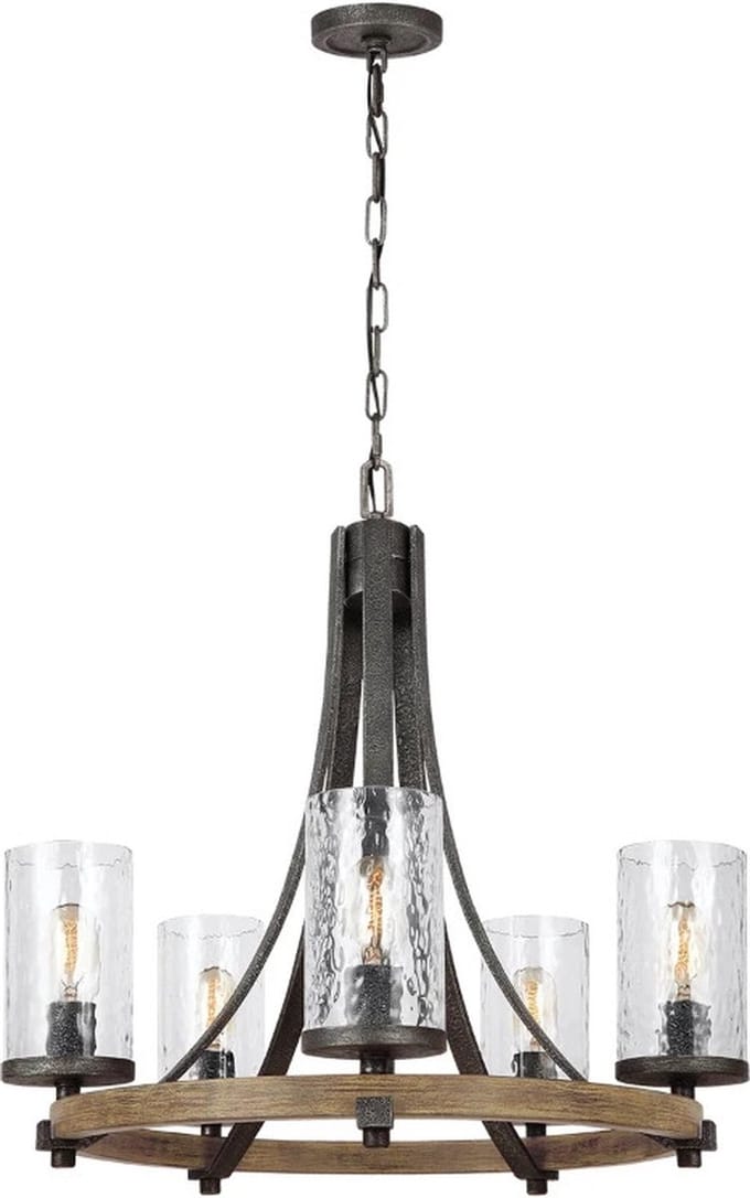 Feiss LED Kroonluchter | 5X E27 Max 60W | Dimbaar | Distressed Weathered Oak & Slate Grey Metal