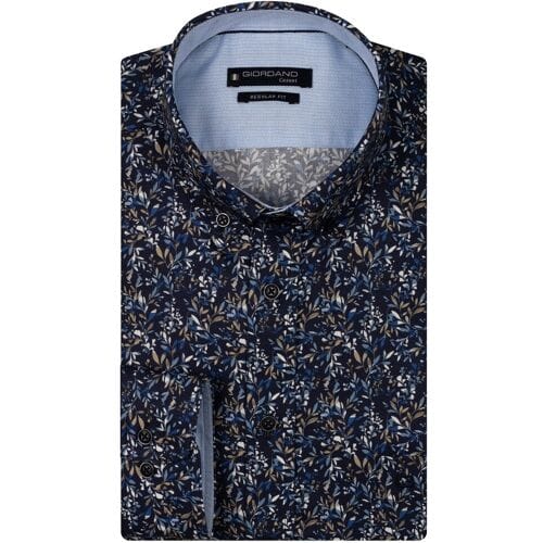 Giordano Overhemd Ivy Button Down Satin Subtle Stretch Fine Leaves Pattern Navy-Multi / male