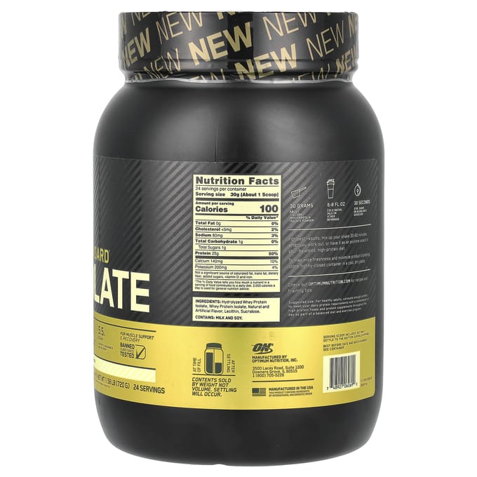 Optimum Nutrition, Gold Standard 100% Wei-isolaat, Rijke Vanillesmaak, 1,58 lb (720 gr)