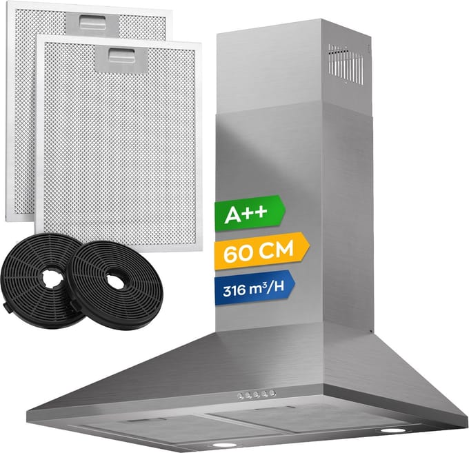 Heinrich’s HDU 7625 60cm Afzuigkap RVS - inclusief set koolstoffilters – 334m3 - energieklasse A++