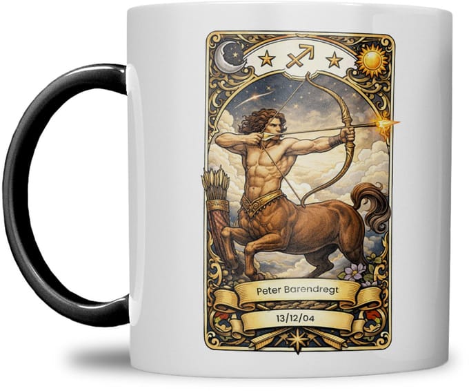 Sterrenbeeld mok - Boogschutter - Zwart - Tarot mok - Gepersonaliseerd met naam en datum