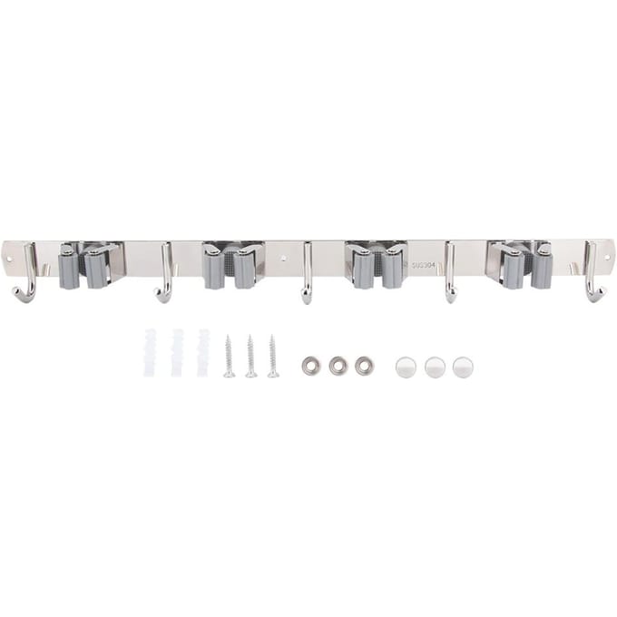 Support mural en acier inoxydable 304 gris pour balais et serpillères, avec 4 supports et 5 crochets white