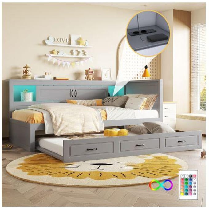 Canapé-lit - MUVOE - 90x200cm - Éclairage d'ambiance - Rangement intégré - Prise + USB gris